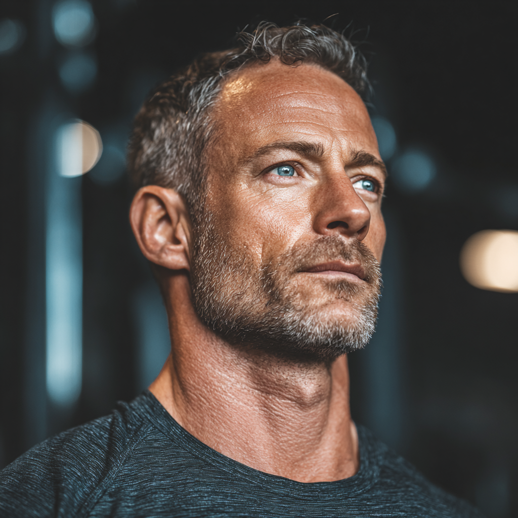 Confident middle-aged man in his late 40s performing strength training exercises in a modern gym setting, focused and determined expression, wearing athletic wear